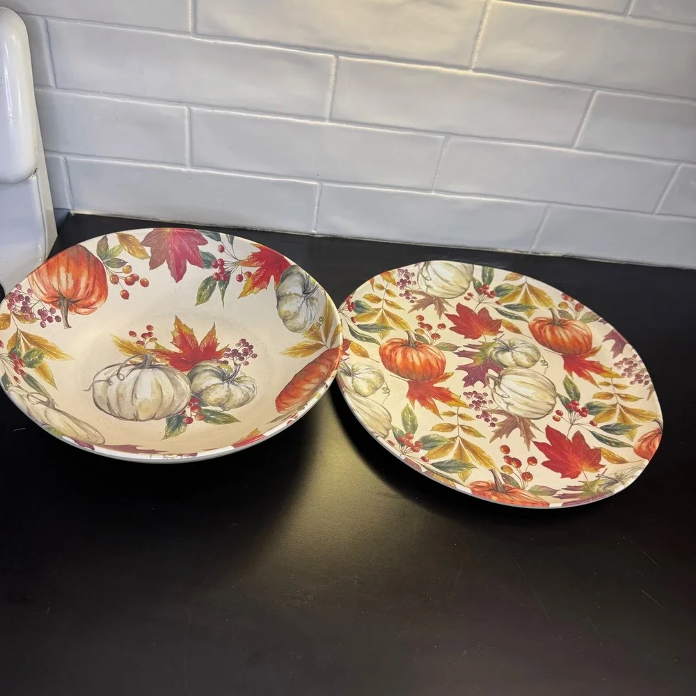 Bee & Willow Serving Bowl Tray Set Home Cream Orange Pumpkin Leaf Melamine